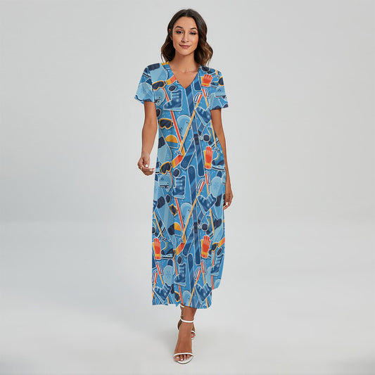 Skiing Equipment Pattern Print Short Sleeve Maxi Dress