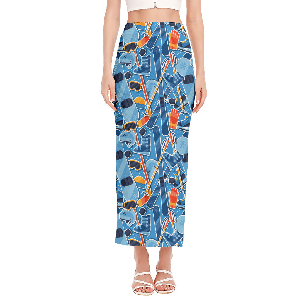 Skiing Equipment Pattern Print Side Slit Maxi Skirt