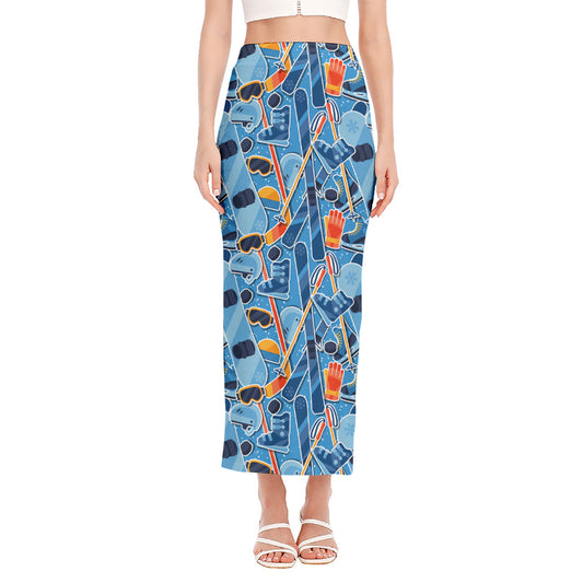 Skiing Equipment Pattern Print Side Slit Maxi Skirt
