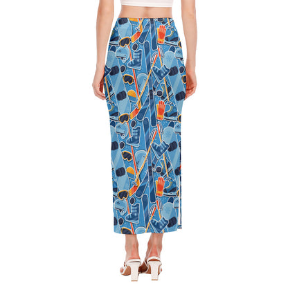 Skiing Equipment Pattern Print Side Slit Maxi Skirt
