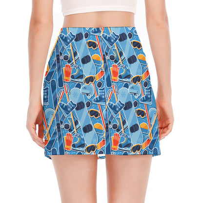 Skiing Equipment Pattern Print Side Slit Mini Skirt