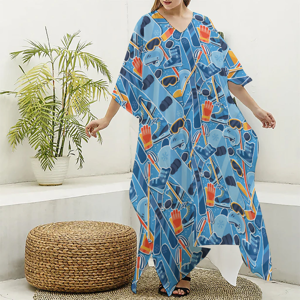 Skiing Equipment Pattern Print Silk V-Neck Kaftan Dress
