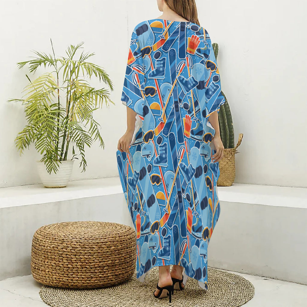 Skiing Equipment Pattern Print Silk V-Neck Kaftan Dress