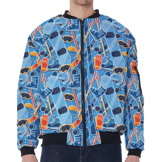 Skiing Equipment Pattern Print Zip Sleeve Bomber Jacket