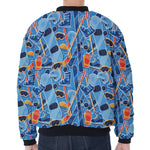 Skiing Equipment Pattern Print Zip Sleeve Bomber Jacket