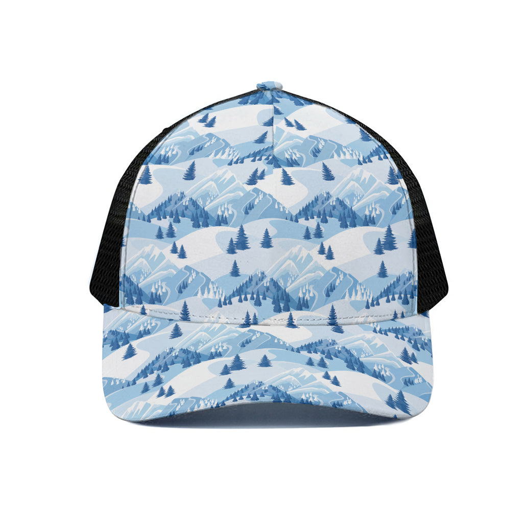 Skiing Mountain Print Black Mesh Trucker Cap