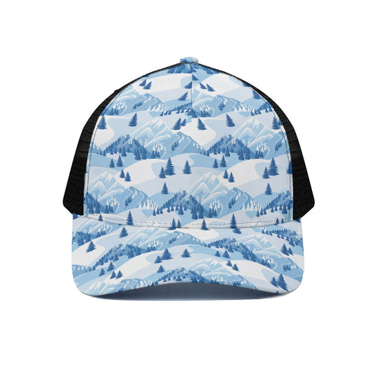 Skiing Mountain Print Black Mesh Trucker Cap