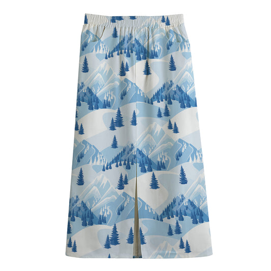 Skiing Mountain Print Cotton Front Slit Maxi Skirt