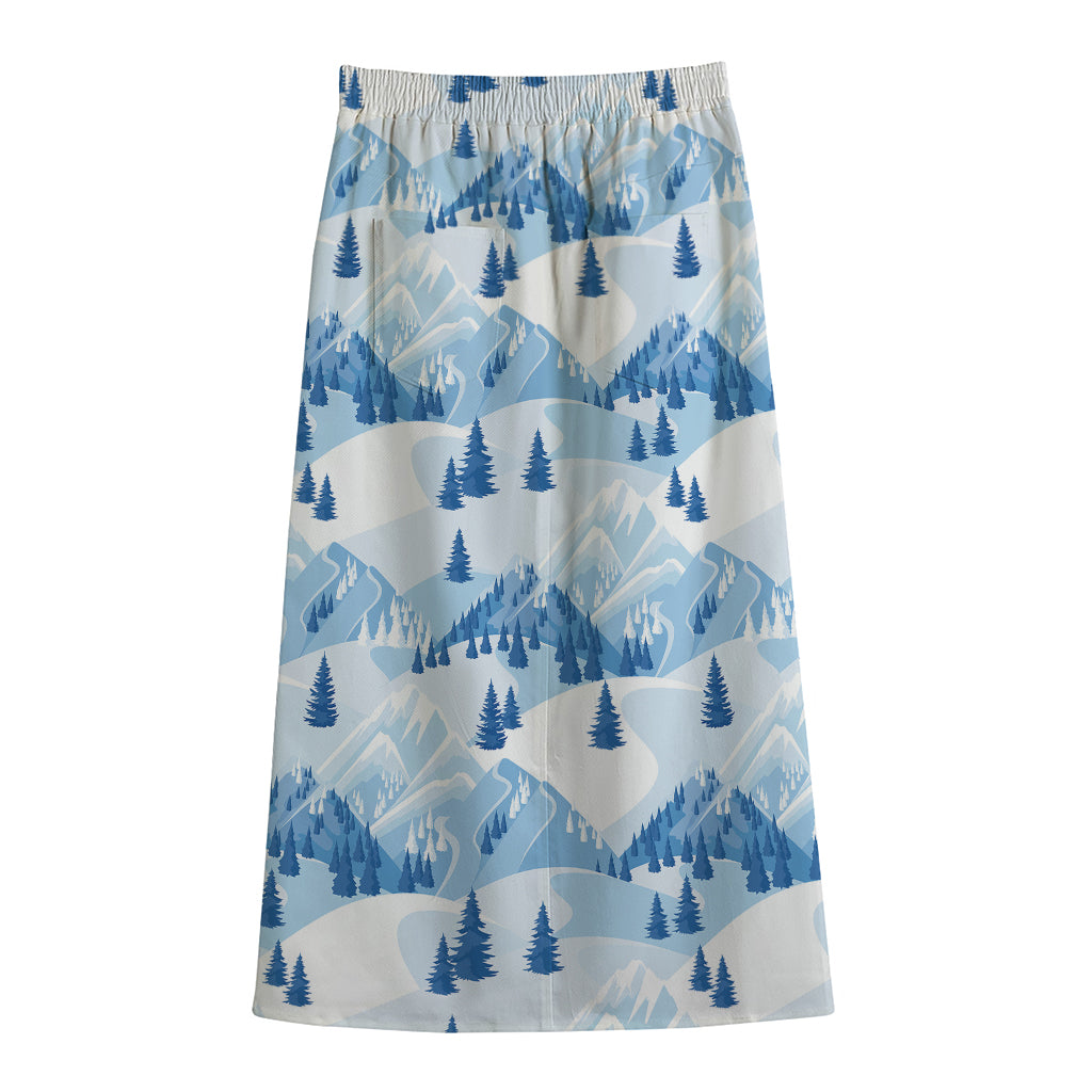 Skiing Mountain Print Cotton Front Slit Maxi Skirt