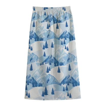 Skiing Mountain Print Cotton Front Slit Maxi Skirt