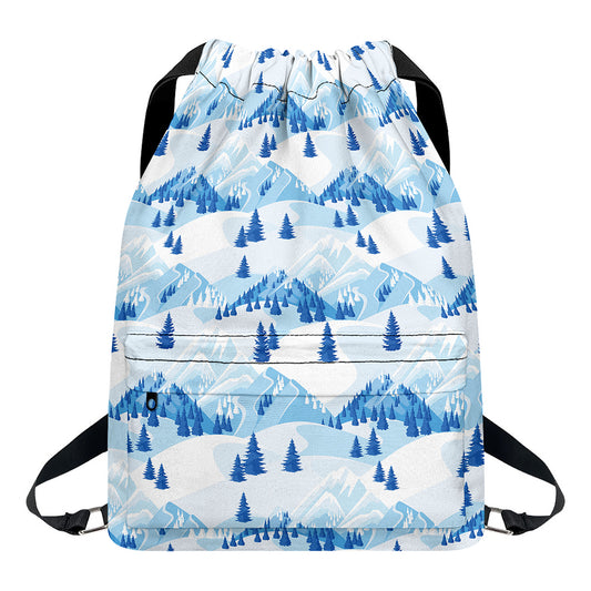 Skiing Mountain Print Drawstring Backpack