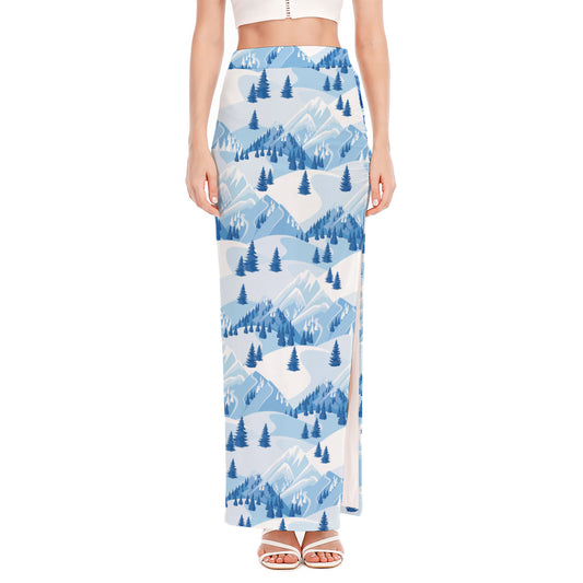 Skiing Mountain Print High Slit Maxi Skirt