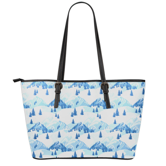 Skiing Mountain Print Leather Tote Bag