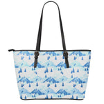 Skiing Mountain Print Leather Tote Bag