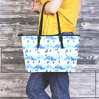 Skiing Mountain Print Leather Tote Bag