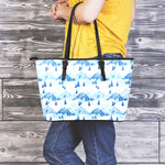 Skiing Mountain Print Leather Tote Bag