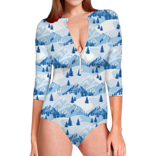 Skiing Mountain Print Long Sleeve Swimsuit