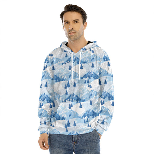 Skiing Mountain Print Men's Velvet Pullover Hoodie