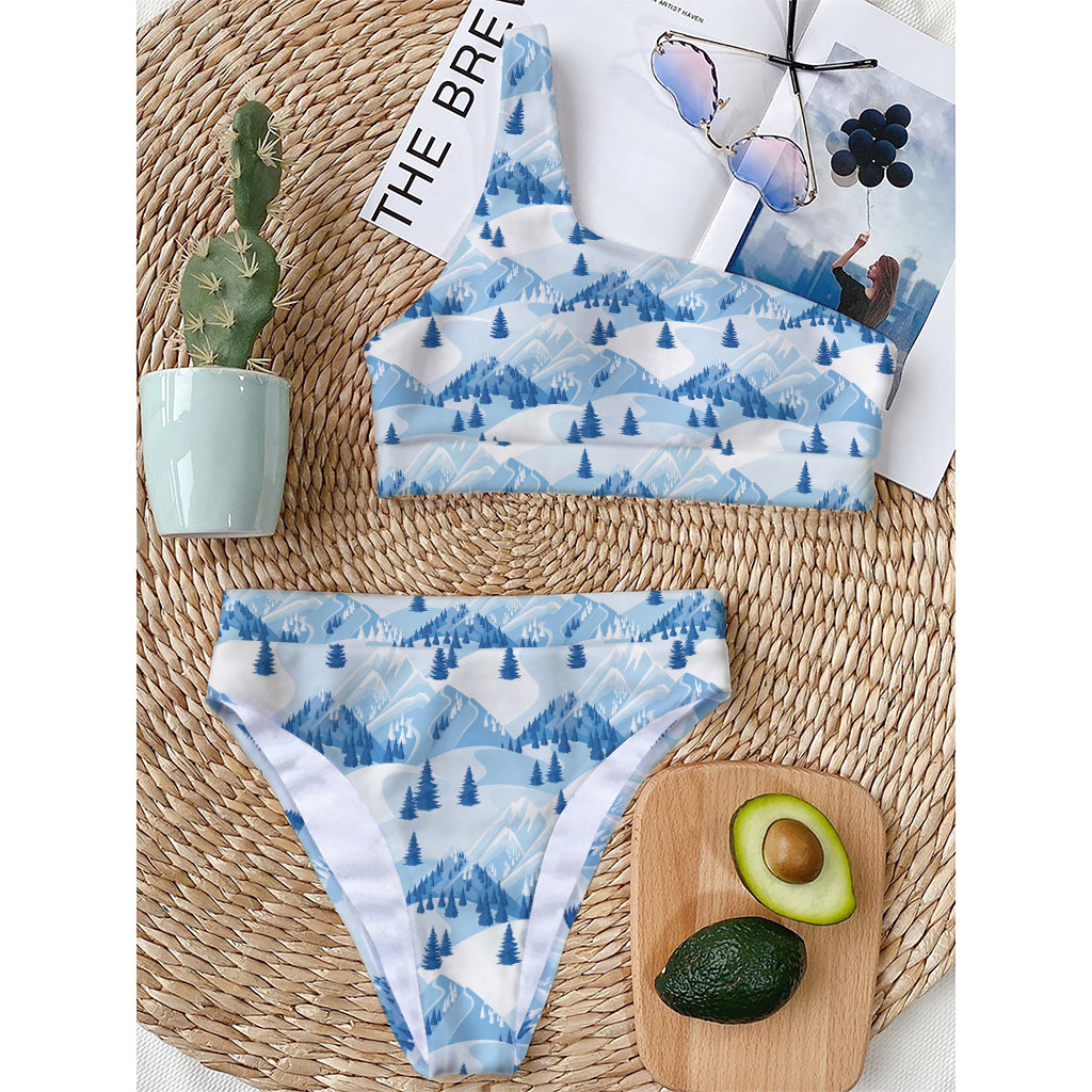 Skiing Mountain Print One Shoulder Bikini Top