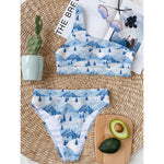 Skiing Mountain Print One Shoulder Bikini Top