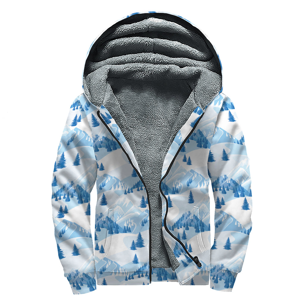 Skiing Mountain Print Sherpa Lined Zip Up Hoodie
