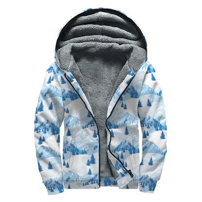 Skiing Mountain Print Sherpa Lined Zip Up Hoodie