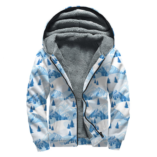 Skiing Mountain Print Sherpa Lined Zip Up Hoodie