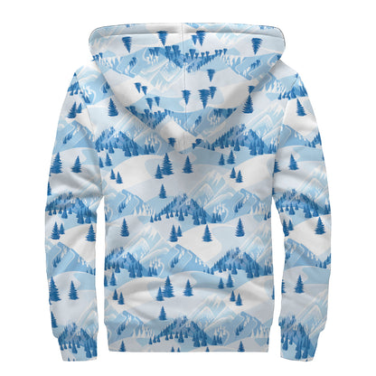 Skiing Mountain Print Sherpa Lined Zip Up Hoodie