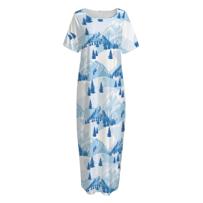 Skiing Mountain Print Short Sleeve Long Nightdress