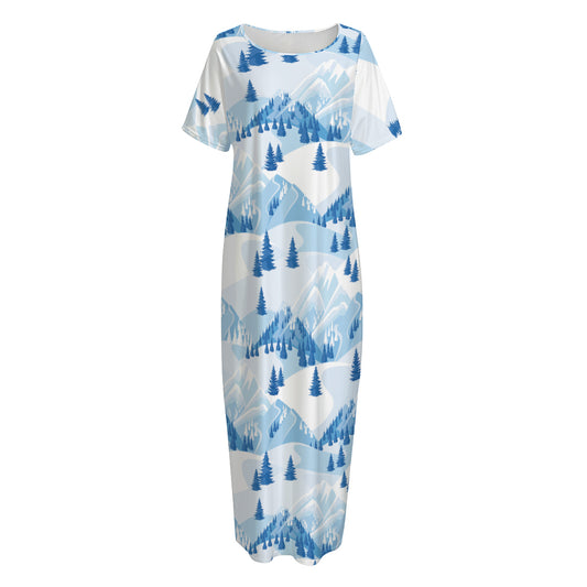 Skiing Mountain Print Short Sleeve Long Nightdress
