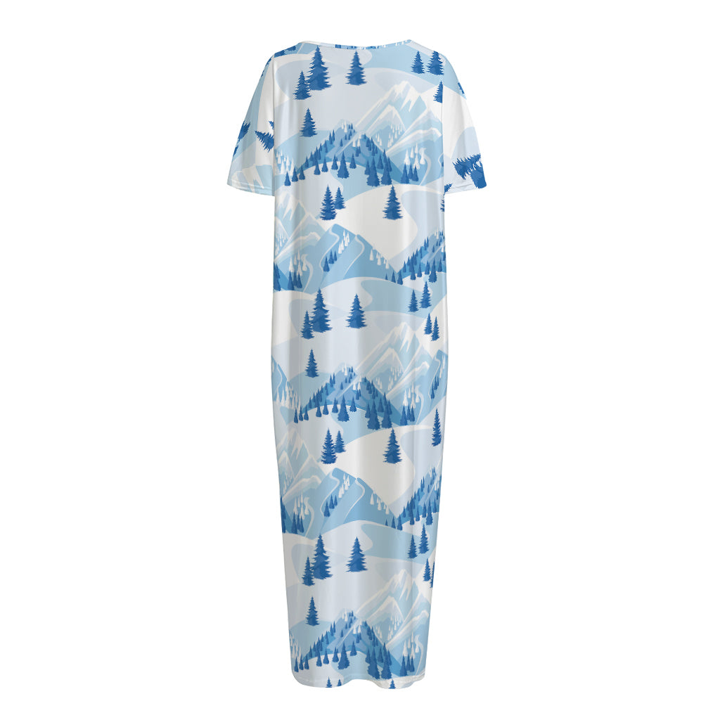 Skiing Mountain Print Short Sleeve Long Nightdress