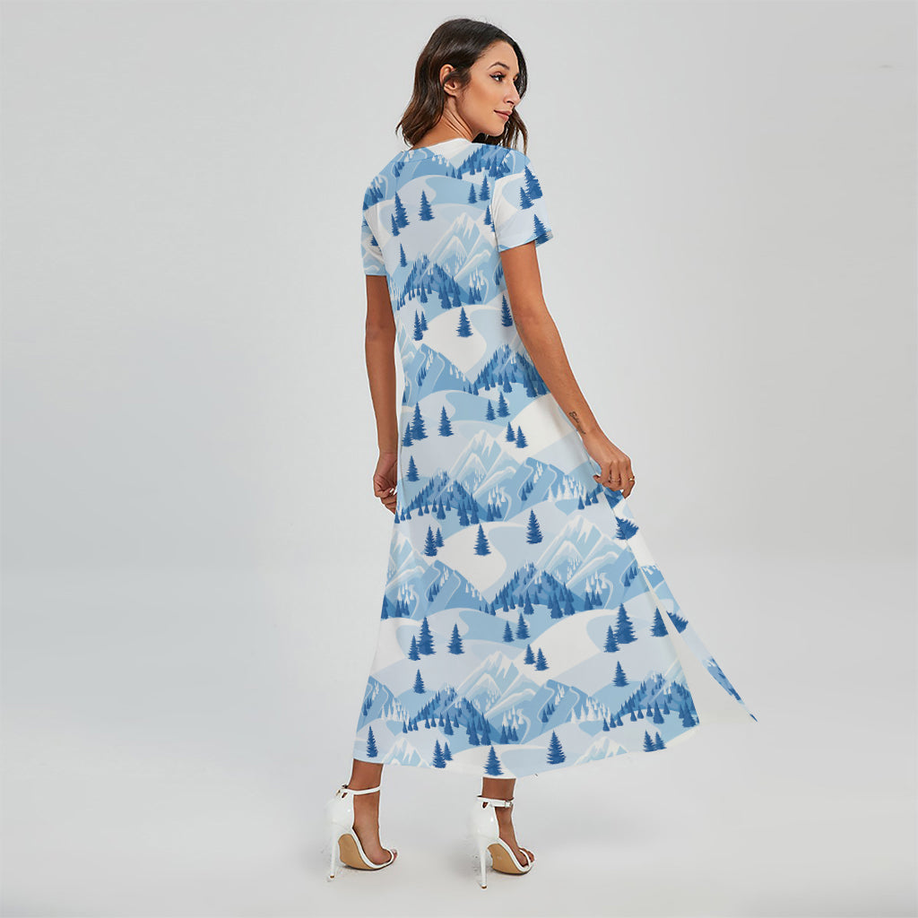 Skiing Mountain Print Short Sleeve Maxi Dress