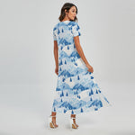 Skiing Mountain Print Short Sleeve Maxi Dress