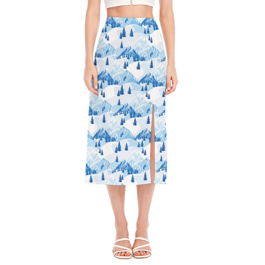 Skiing Mountain Print Side Slit Midi Skirt