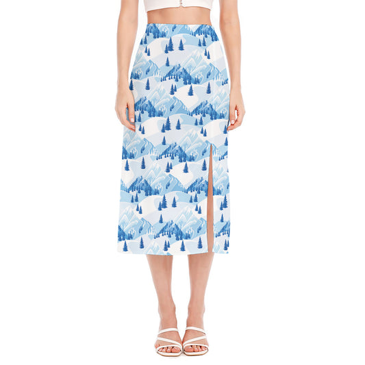 Skiing Mountain Print Side Slit Midi Skirt