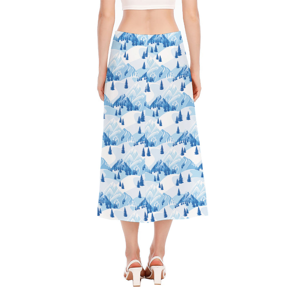 Skiing Mountain Print Side Slit Midi Skirt