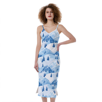 Skiing Mountain Print Slim Fit Midi Cami Dress