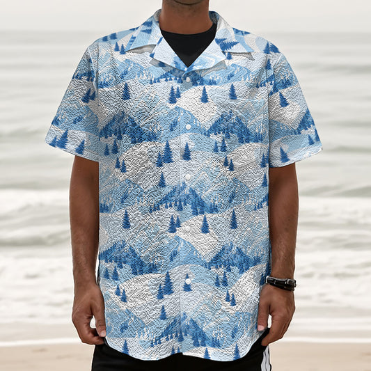 Skiing Mountain Print Textured Short Sleeve Shirt