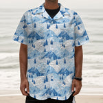 Skiing Mountain Print Textured Short Sleeve Shirt