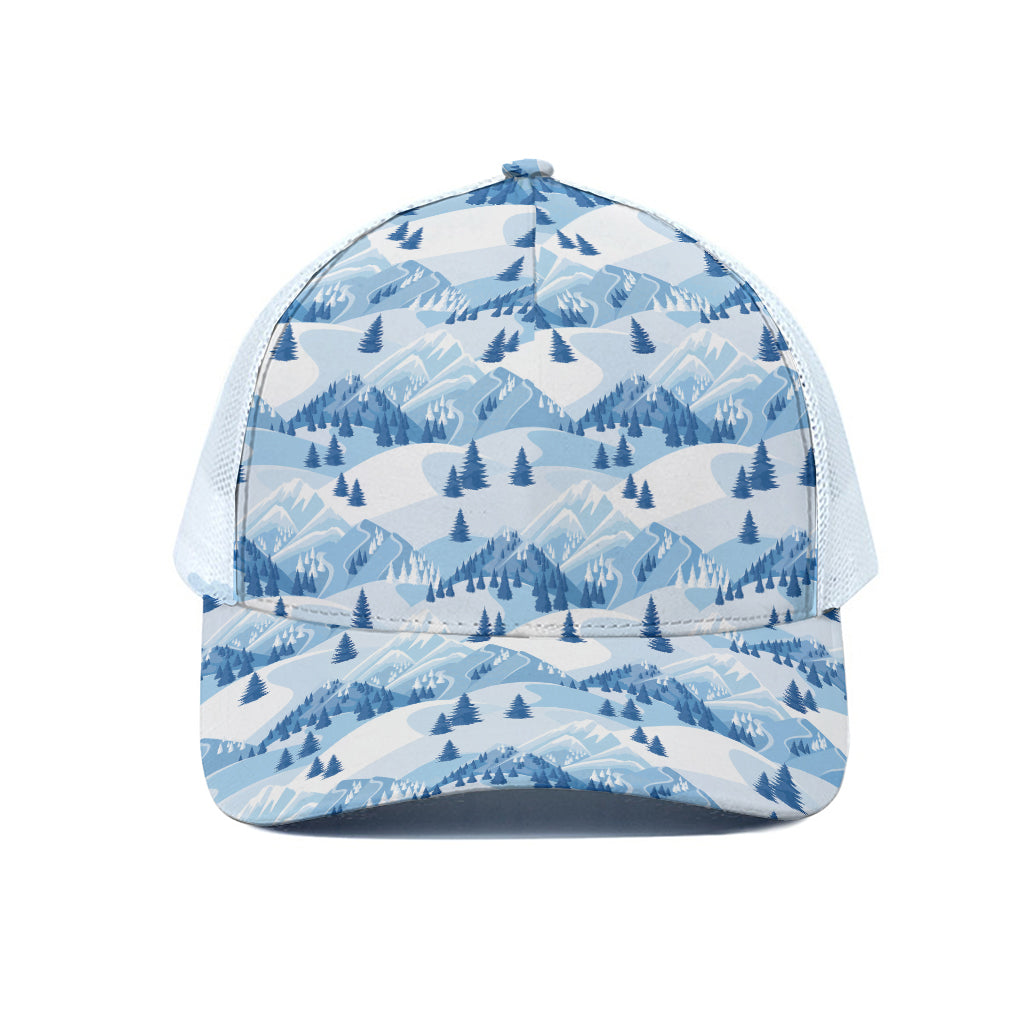 Skiing Mountain Print White Mesh Trucker Cap