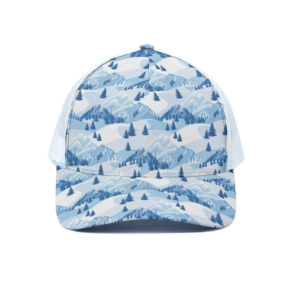 Skiing Mountain Print White Mesh Trucker Cap