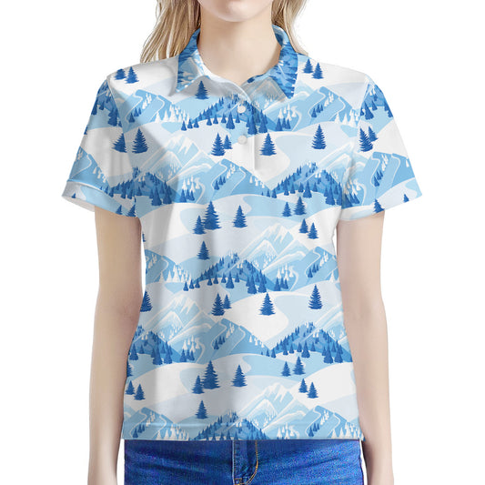 Skiing Mountain Print Women's Polo Shirt