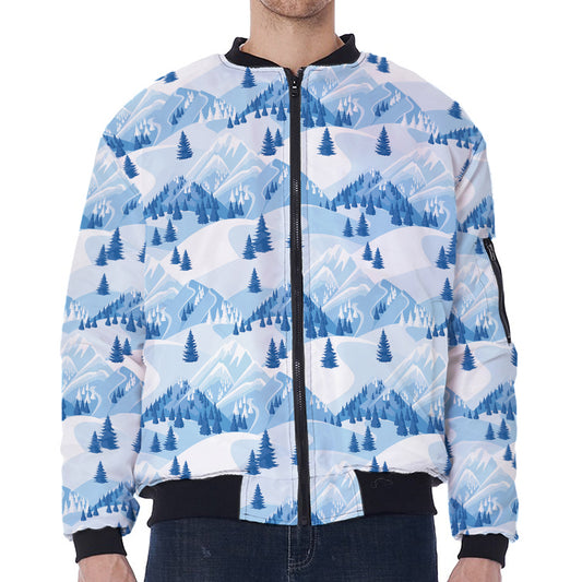 Skiing Mountain Print Zip Sleeve Bomber Jacket