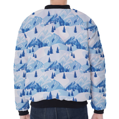 Skiing Mountain Print Zip Sleeve Bomber Jacket