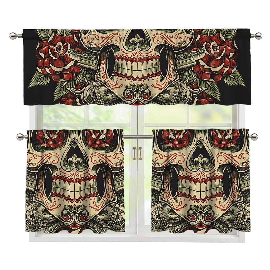 Skull And Roses Tattoo Print 3 Piece Kitchen Curtains