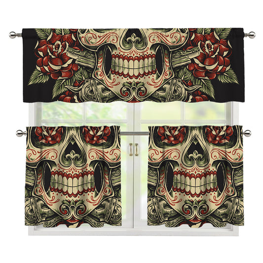 Skull And Roses Tattoo Print 3 Piece Kitchen Curtains