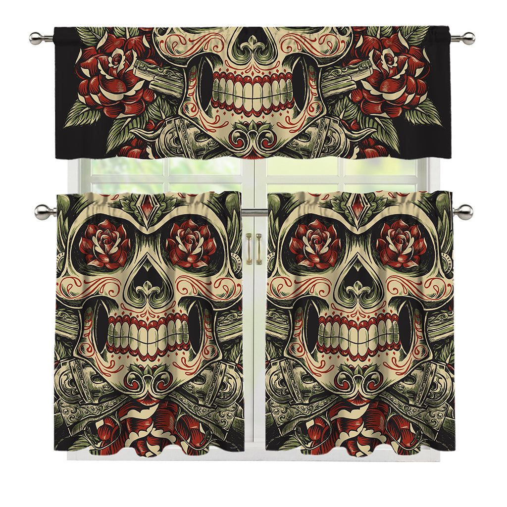 Skull And Roses Tattoo Print 3 Piece Kitchen Curtains