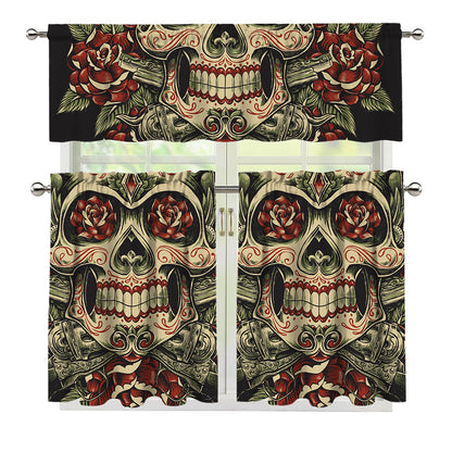 Skull And Roses Tattoo Print 3 Piece Kitchen Curtains