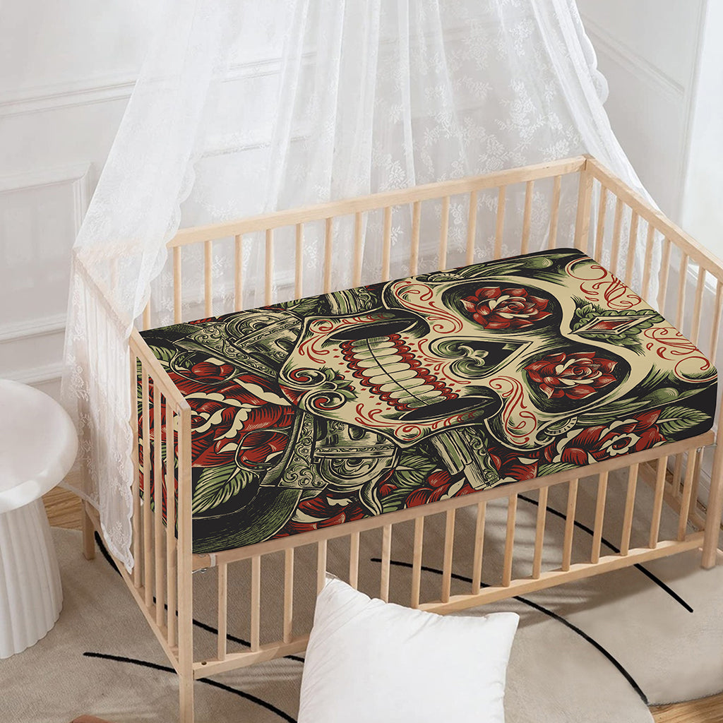 Skull And Roses Tattoo Print Baby Crib Sheet