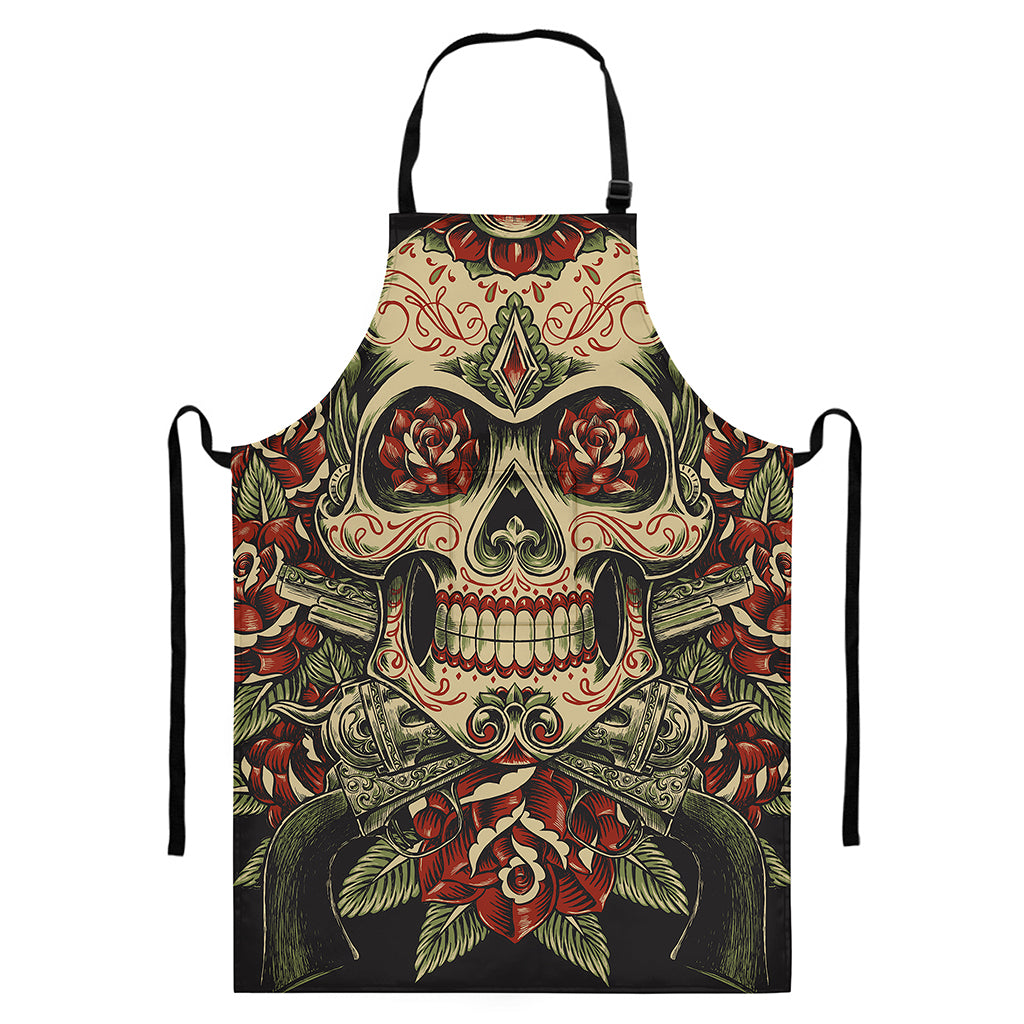 Skull And Roses Tattoo Print Bib Apron With Pocket